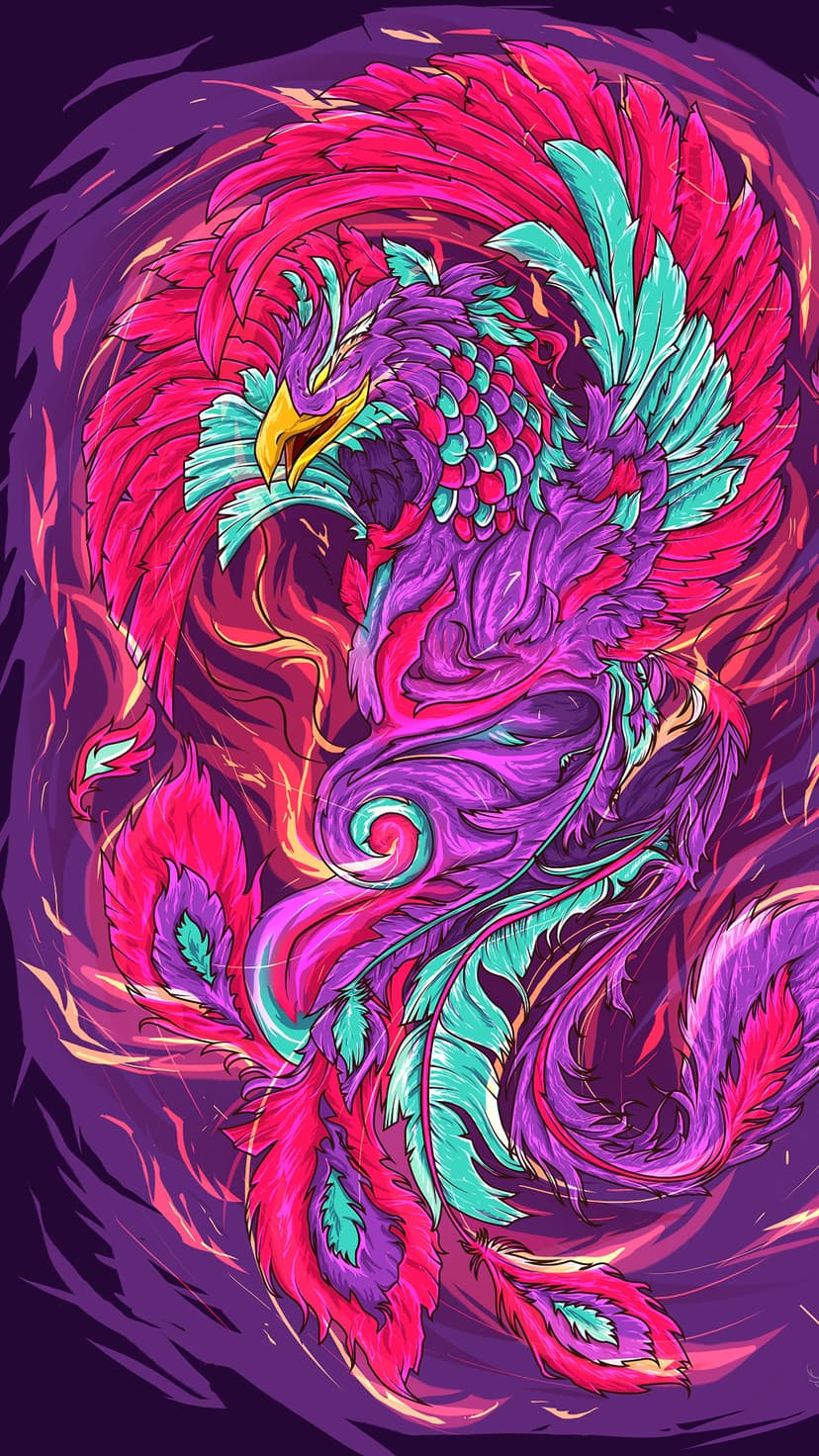Phoenix bird with luminous pink feathers and teal fire trails soaring through a swirling mythical background.