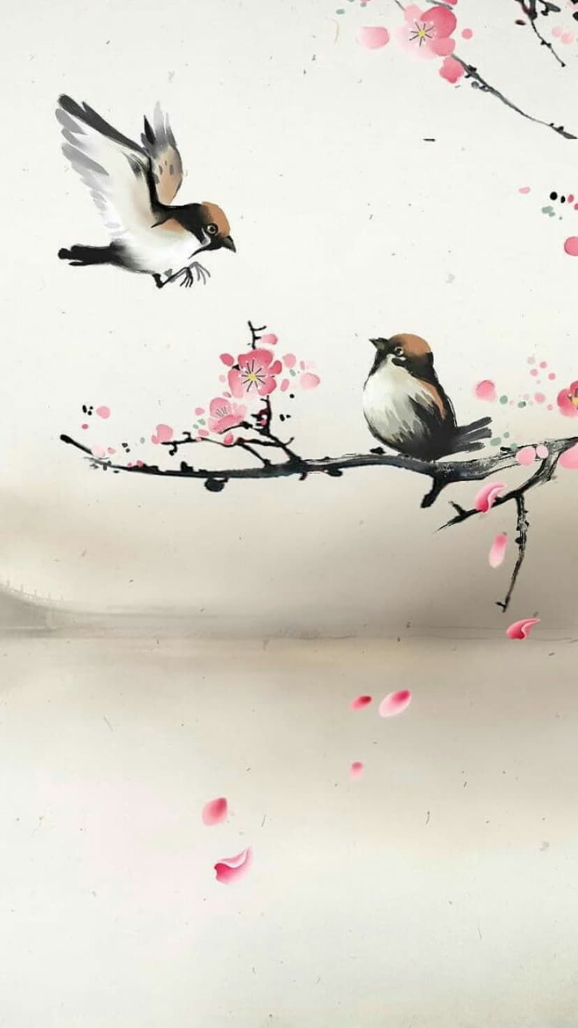 Two sparrows fly and perch among soft pink blossoms on dark branches against a light, misty background.