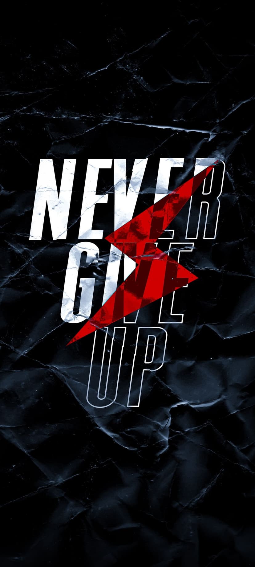 Red lightning bolt striking behind bold white Never Give Up text on a dark, gritty, textured background.