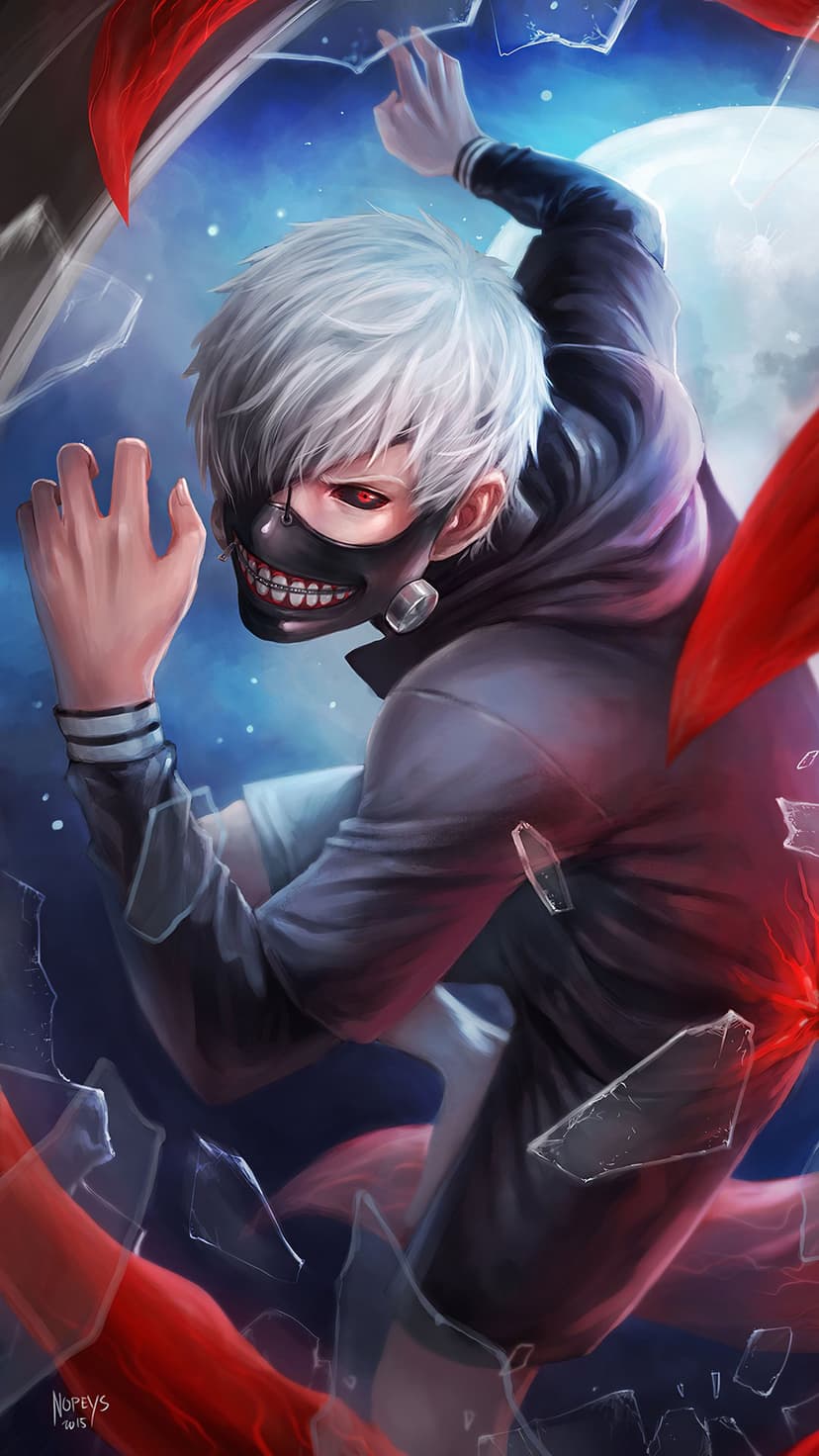 Ken Kaneki with white hair and a ghoul mask unleashes red kagune tentacles under a moonlit sky with glass shards.