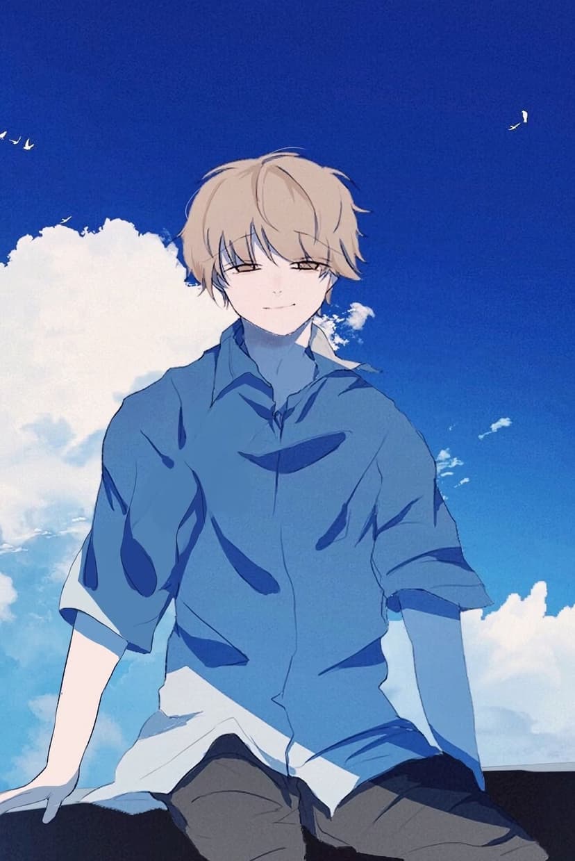 Anime boy with brown hair smiles under a bright blue sky filled with fluffy white clouds and distant birds.