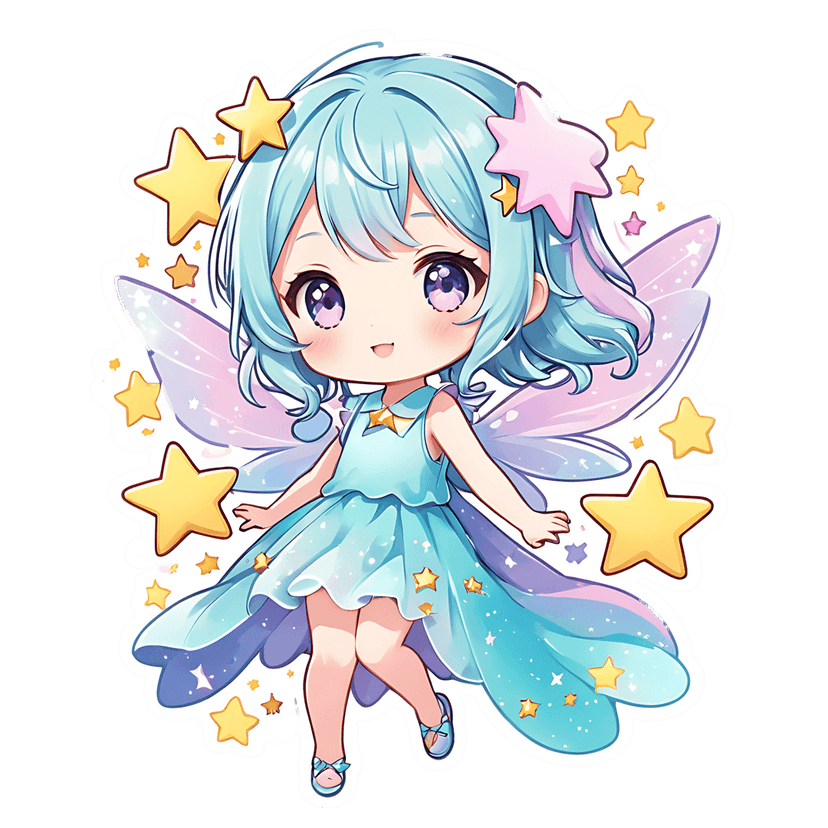 Chibi fairy sticker with blue hair and pink wings floats amidst yellow stars on a transparent background.