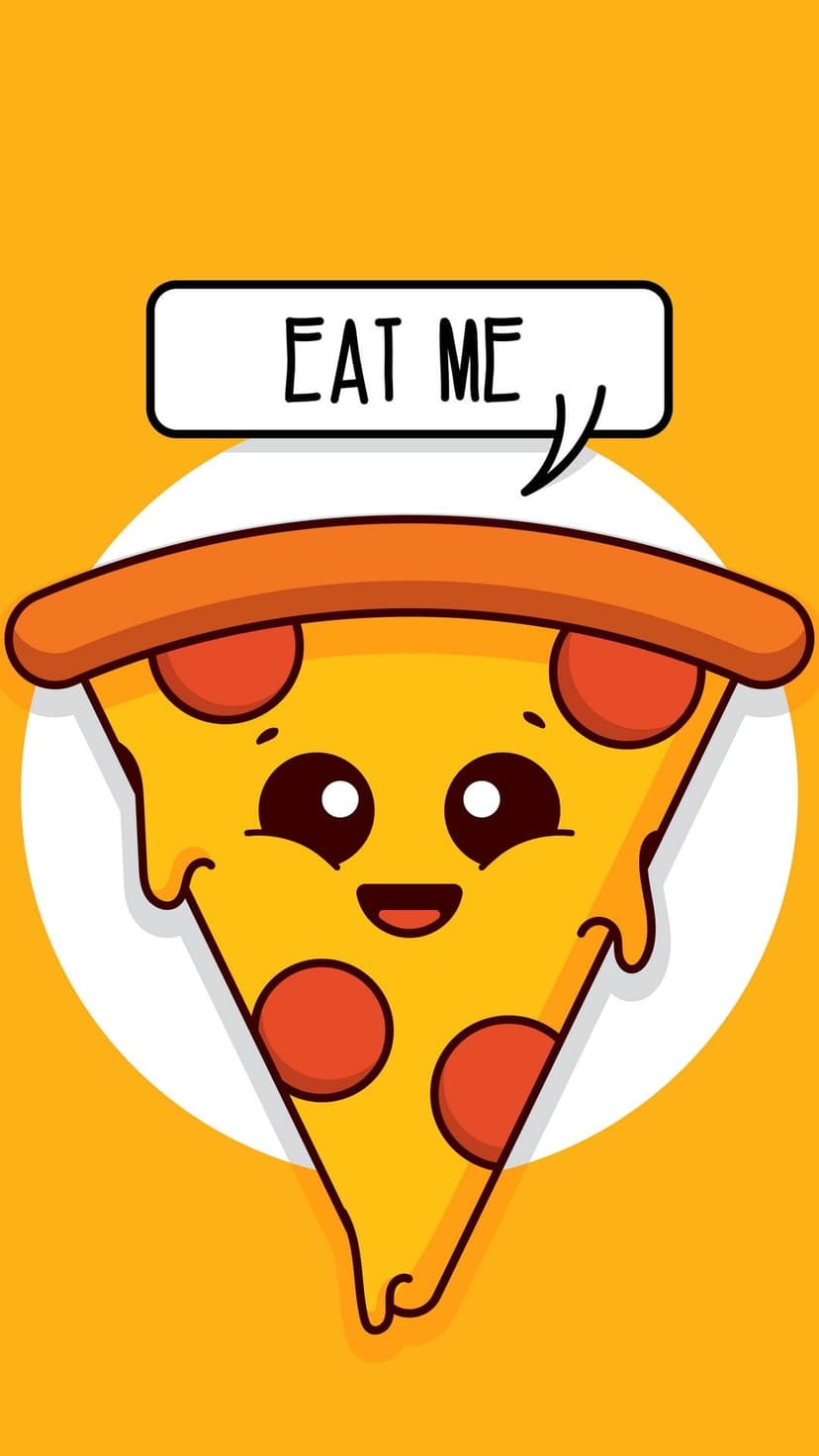 Smiling cartoon pizza slice with pepperoni and a speech bubble saying Eat Me on a solid orange background.