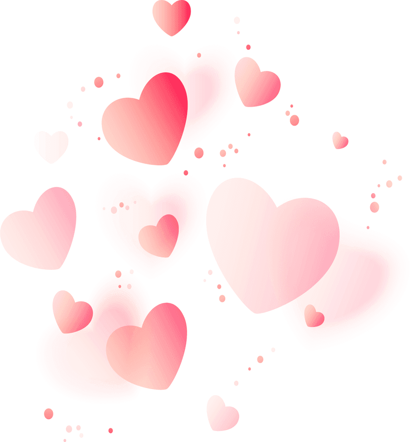 Valentine heart illustrations in red and pink tones layered on a transparent background for digital design.