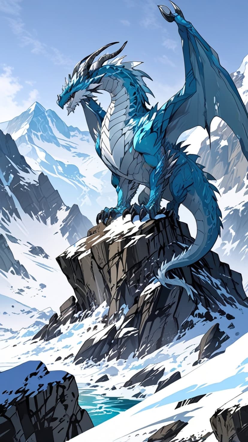 Blue dragon with spreading wings stands on a snowy mountain peak against a clear sky during a bright winter day.