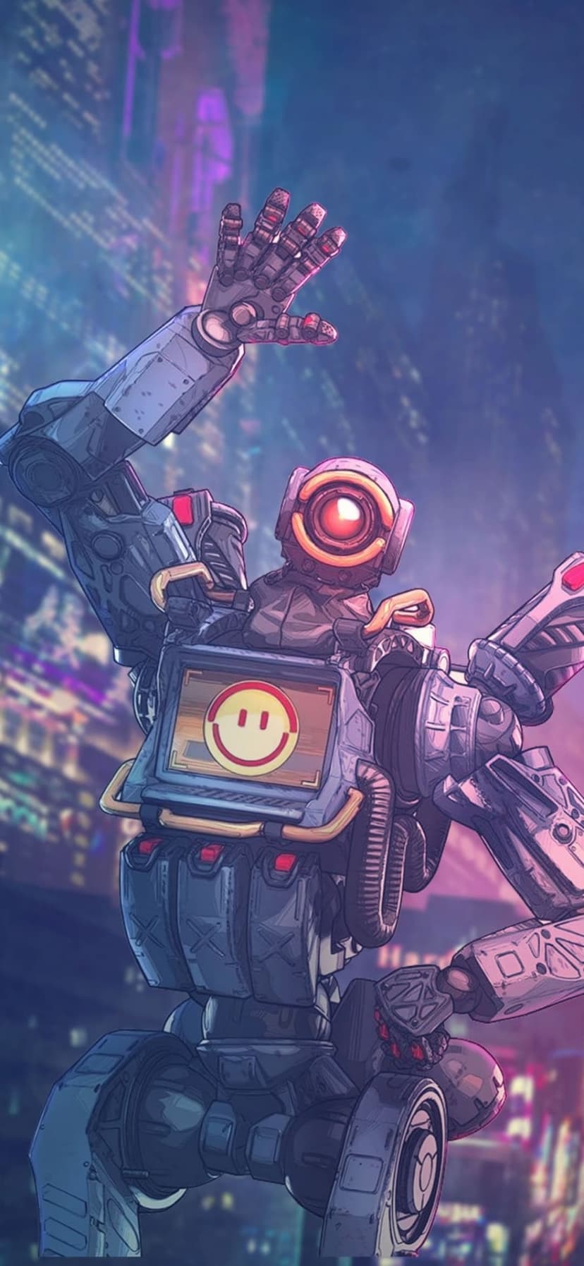 Pathfinder robot waving with a smiley face on chest screen against a glowing neon cyberpunk city background.