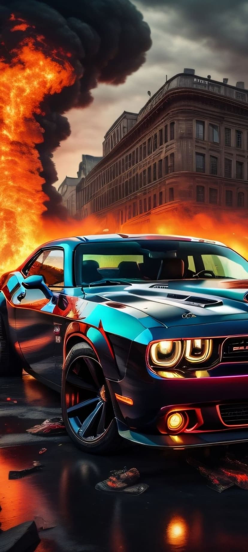 Dodge Challenger on a wet street with orange headlights glowing against a background of orange flames and smoke.