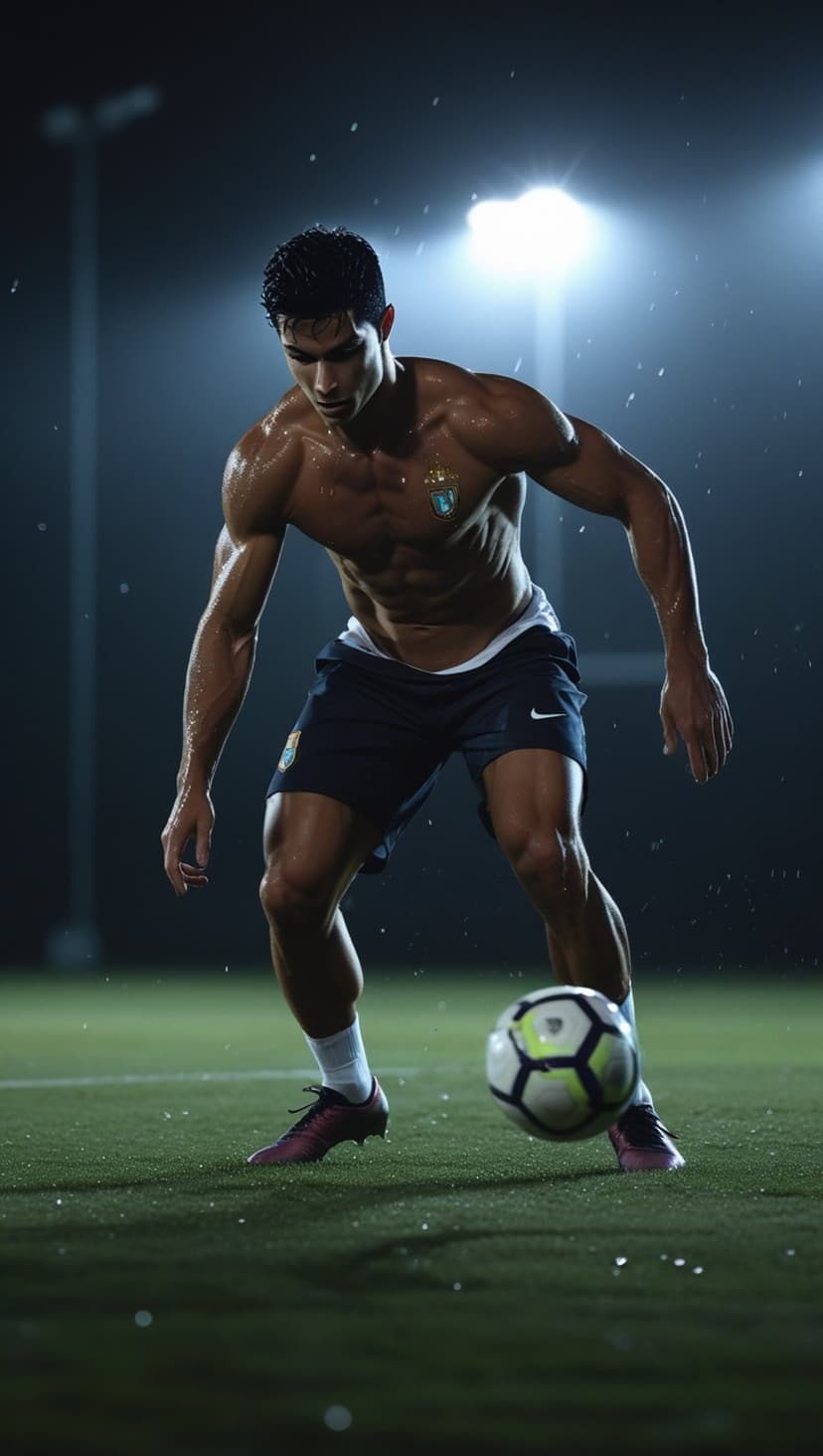 Muscular shirtless man dribbling a soccer ball on a wet field at night under bright stadium floodlights in the rain.