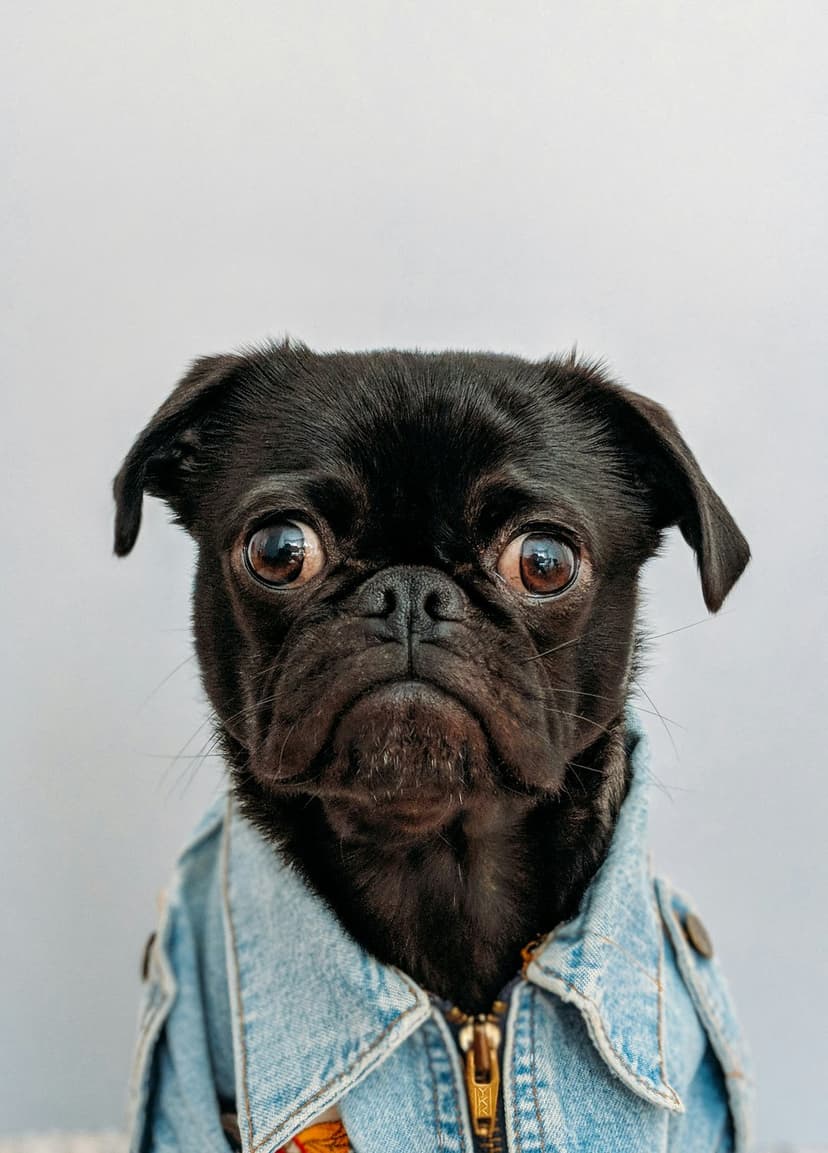 Black pug with large brown eyes wearing a light blue denim jacket against a neutral grey studio background.