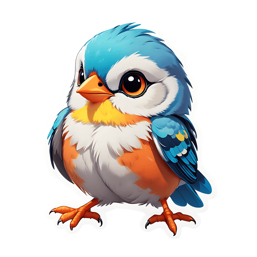 Bluebird character featuring fluffy sky blue feathers and a bright orange chest facing forward on a clear background.