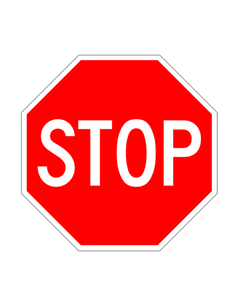 Red stop sign featuring white octagonal borders and bold capital lettering on a transparent background.