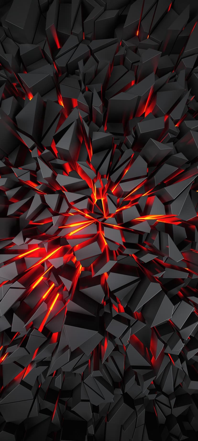 Fractured obsidian shards revealing a radiant scarlet core with sharp geometric edges and deep shadows.