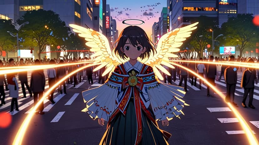 Angel with glowing wings stands on a busy city street at sunset as bright orange light beams emerge from her.