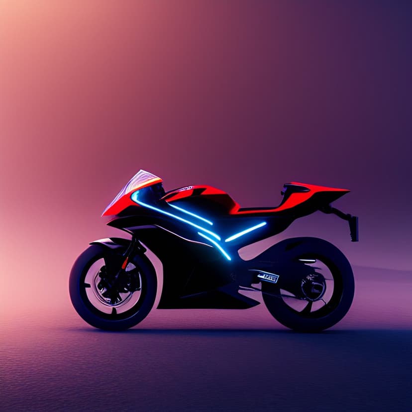 Electric motorcycle with glowing blue neon trim and aerodynamic frame against a dark gradient background.