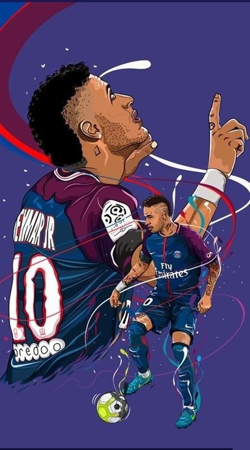 Neymar Jr. points upward while wearing his number 10 PSG jersey against a purple background with abstract lines.