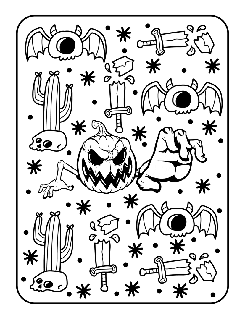 Halloween pumpkin line art illustration featuring bats, skeleton skulls, broken swords, and snowflake patterns.
