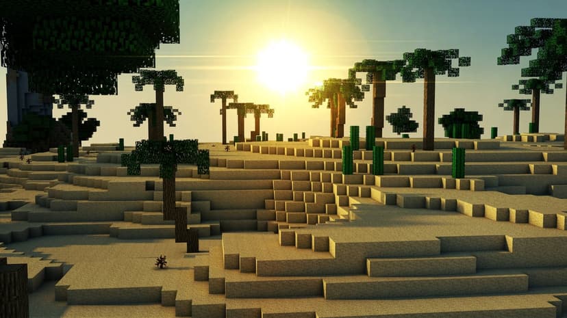 Blocky desert landscape with voxel palm trees and cacti under a bright golden sun with realistic lens flare.