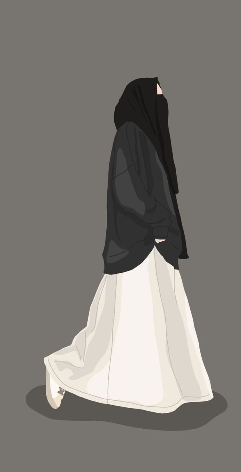 Woman wearing a black niqab, oversized hoodie, and white skirt stands against a solid gray background.