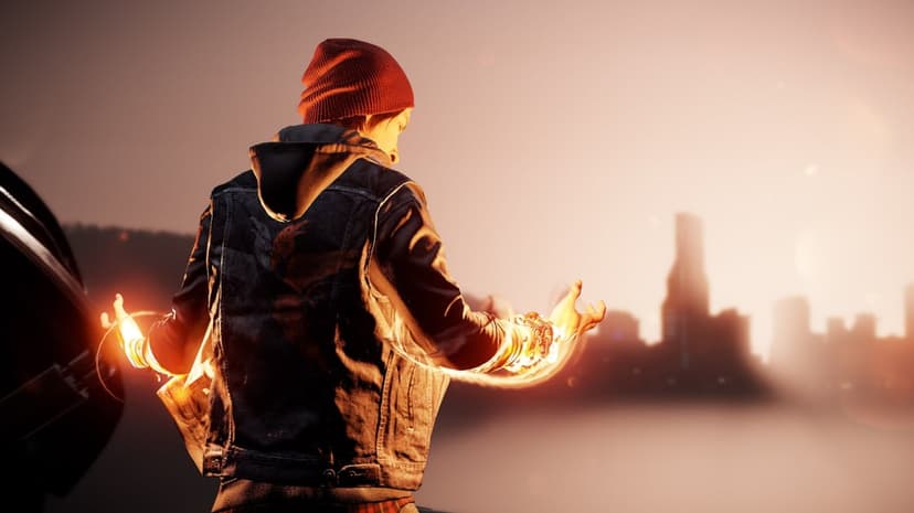 A man in a red beanie and denim vest stands with glowing orange energy around his hands facing a hazy city.