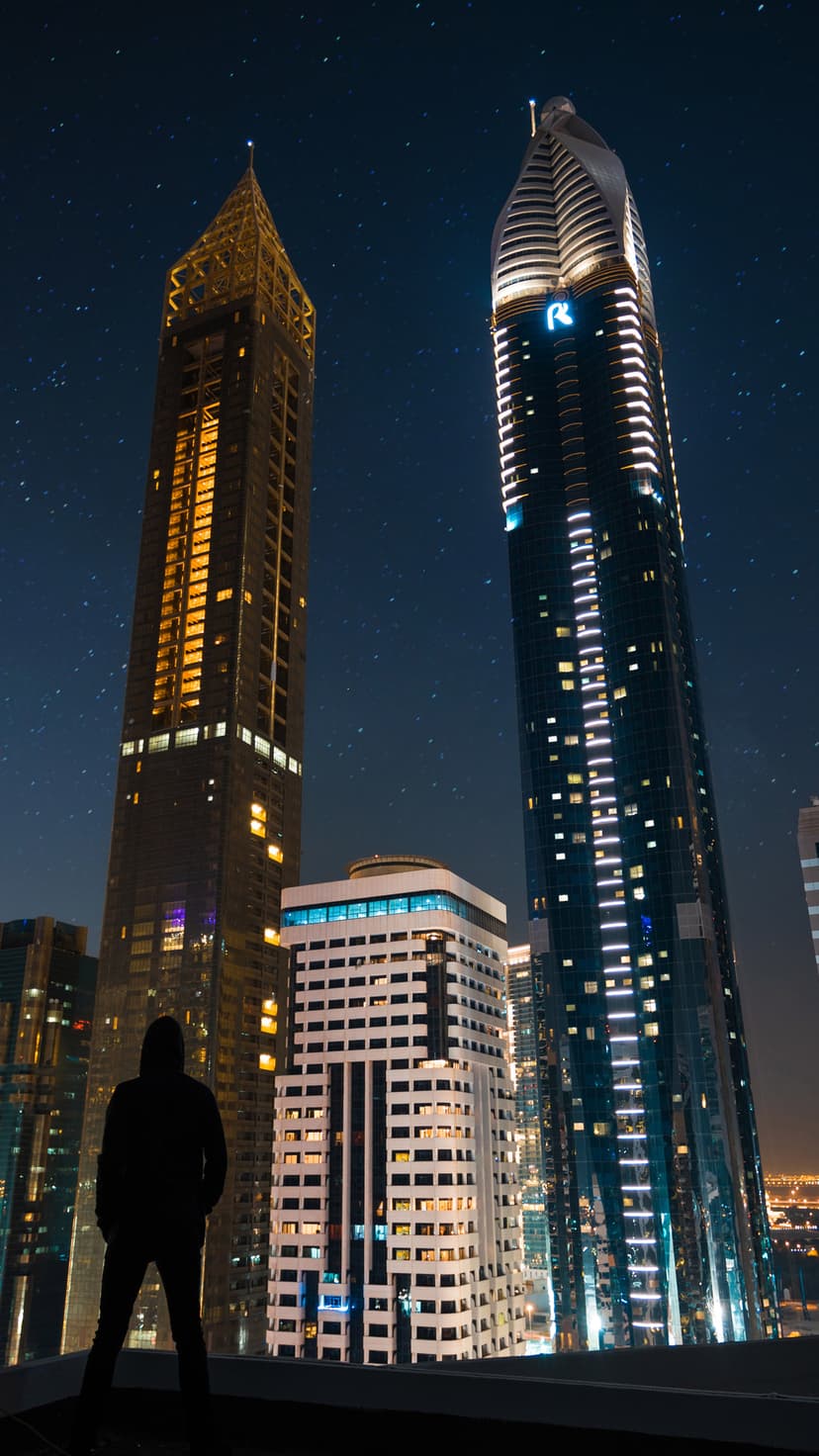 Lone person in silhouette stands on a ledge looking up at towering lit skyscrapers under a starry night sky.
