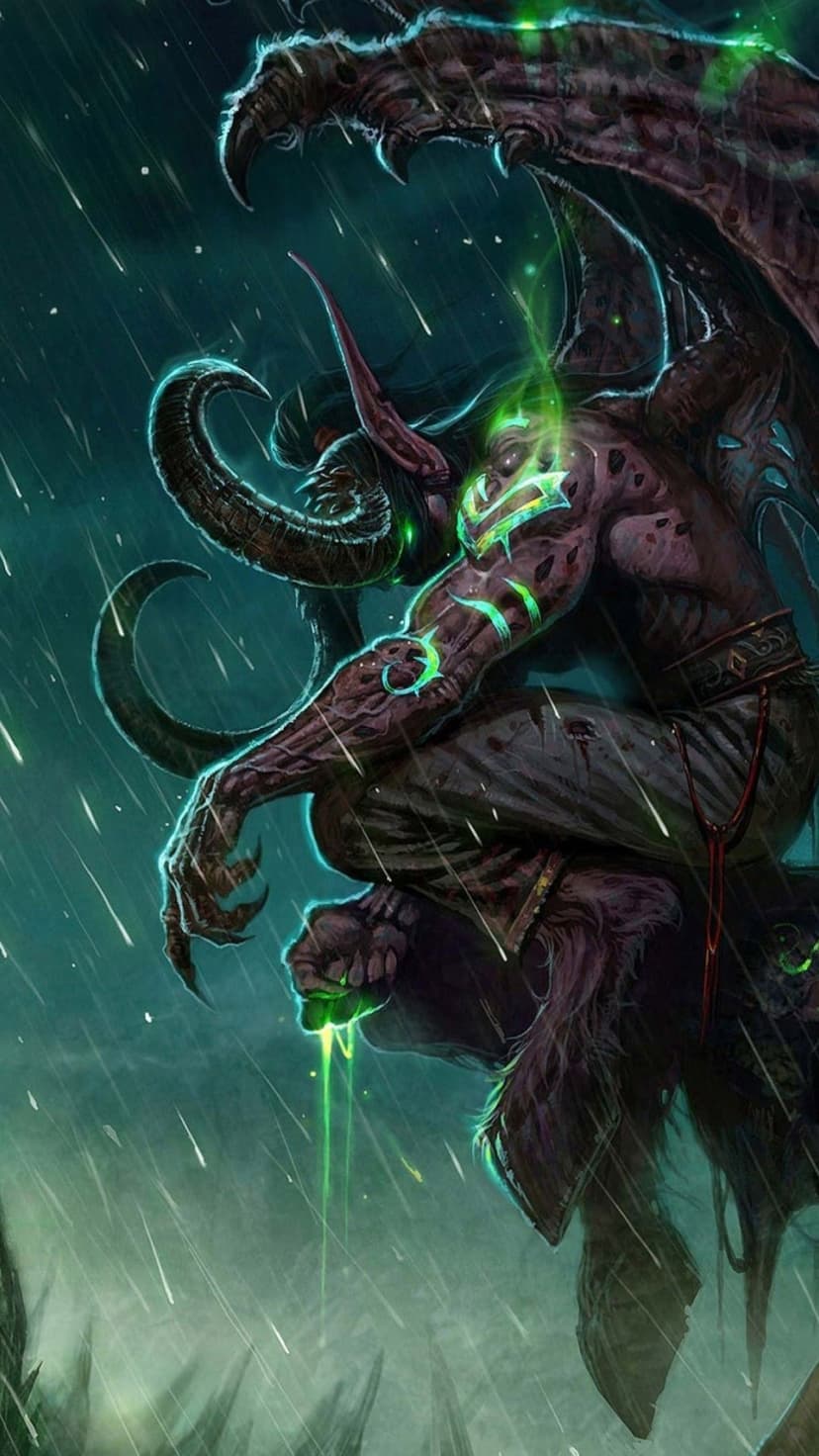 Illidan Stormrage demon hunter with glowing green tattoos and large horns perched in a dark rainstorm.