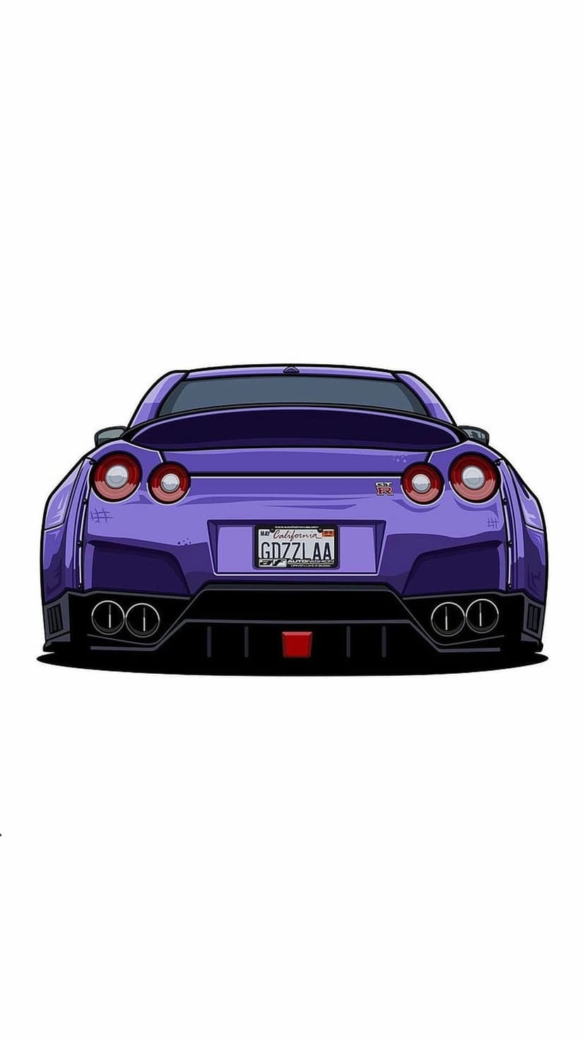 Purple Nissan GT-R rear view with glowing circular taillights and a GDZZLAA license plate on a dark background.