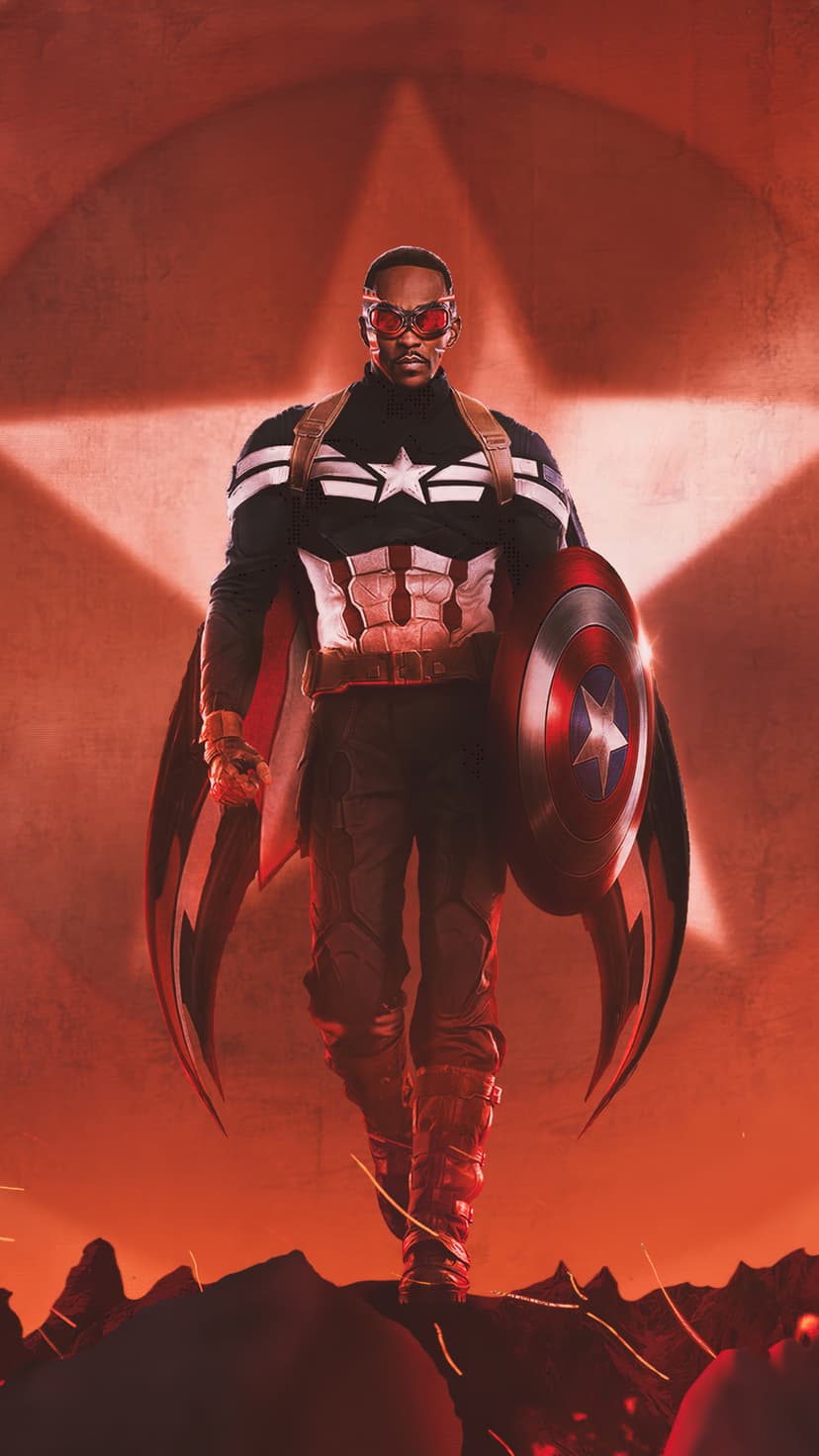 Sam Wilson as Captain America holds a circular shield and wings against a red star emblem in a low angle.
