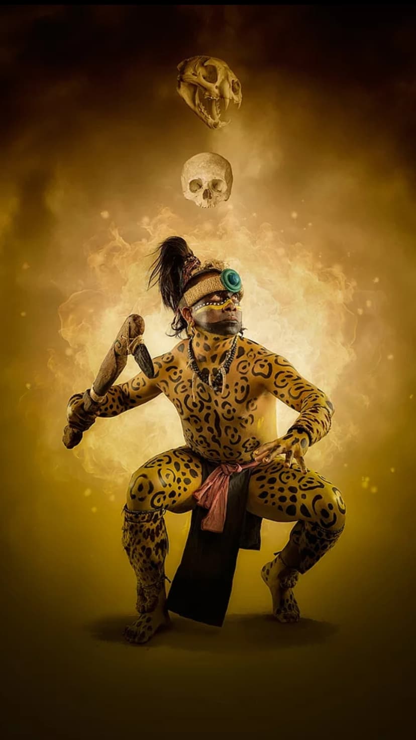 Mayan warrior with jaguar body paint holds a ritual weapon below floating jaguar and human skulls in gold smoke.