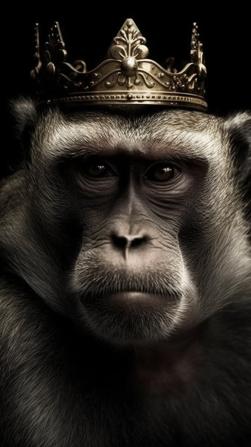Monkey King wearing an intricate gold crown with intense eyes against a dark, moody background.