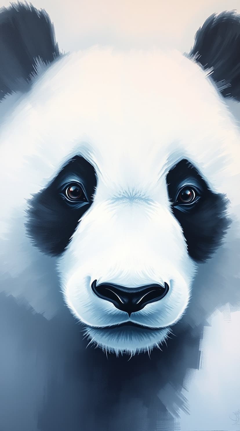 Giant panda face with dark eye patches and soft white fur rendered in cool blue tones and textured brushstrokes.