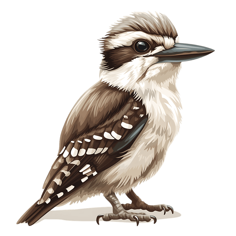 Kookaburra bird illustration showing detailed brown and white plumage in profile view against black background.