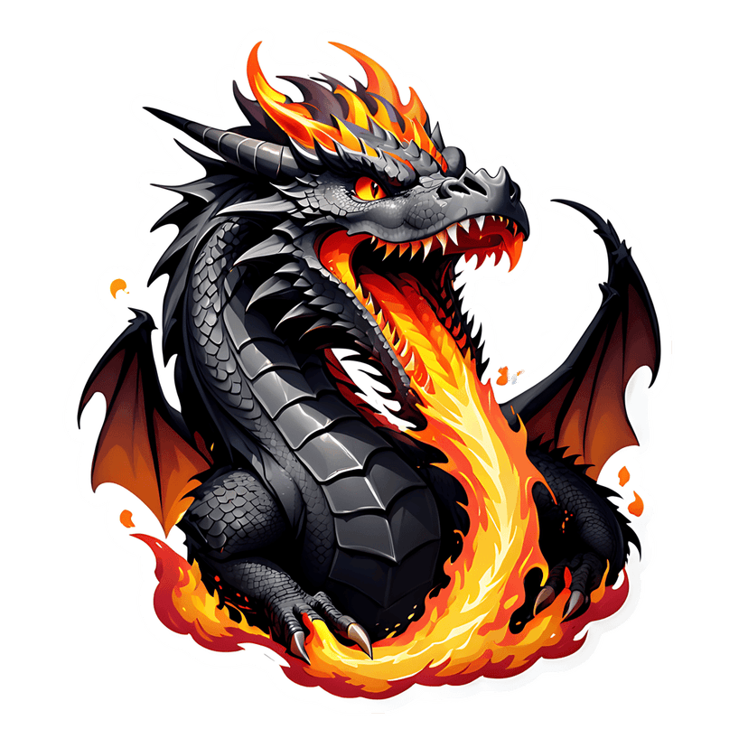 Black dragon breathing fire with glossy scales and red eyes in a die-cut illustration style on white background.