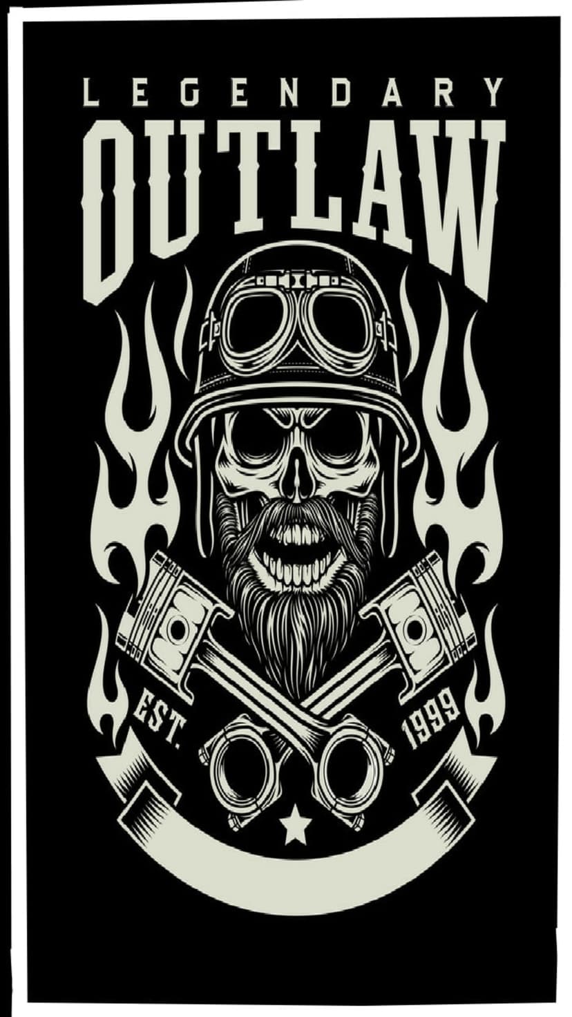 Gritty biker skull wearing a helmet and goggles surrounded by orange flames and two crossed engine pistons.