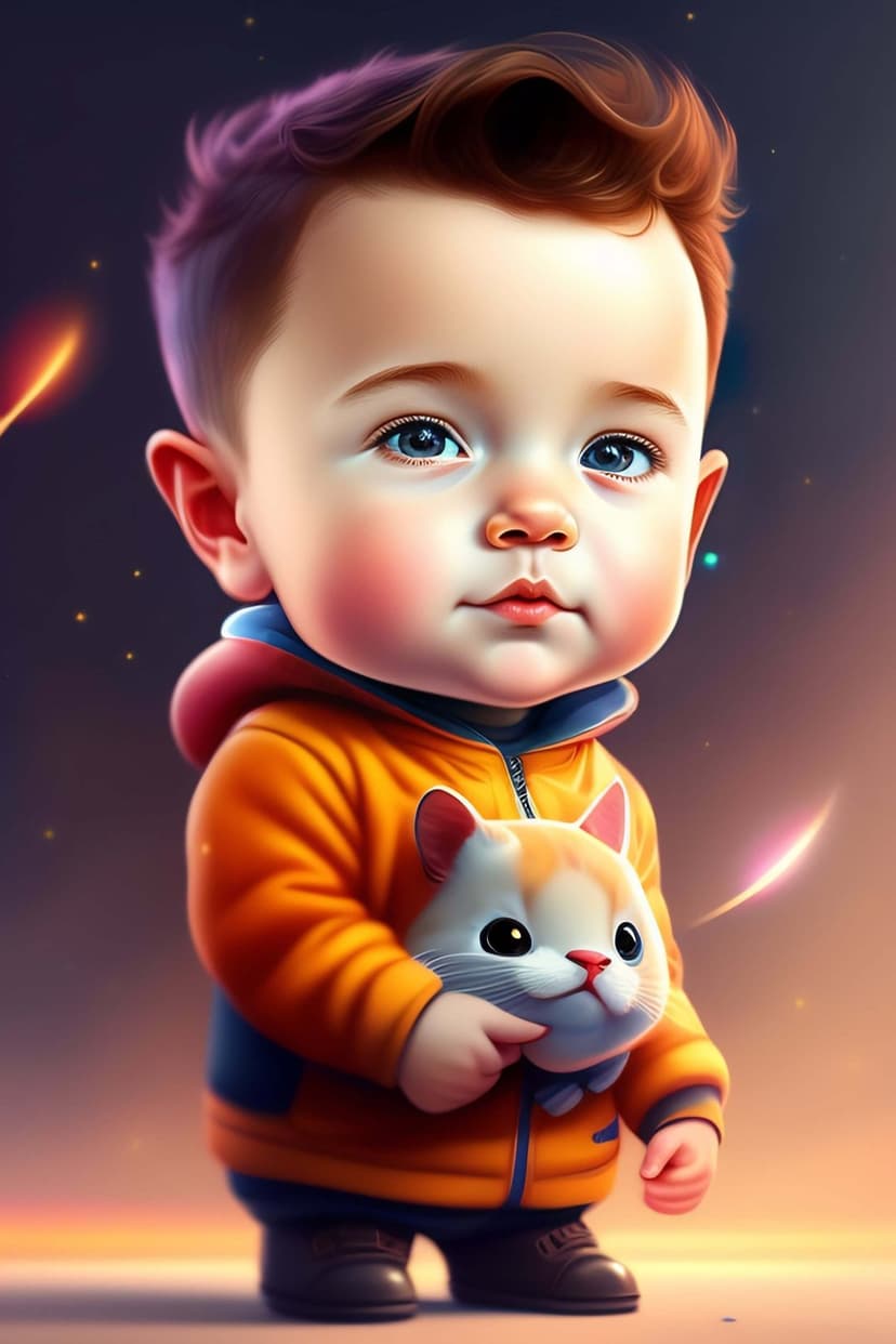Baby boy with blue eyes wearing an orange hoodie cuddles a white and ginger stuffed cat against bokeh lights.