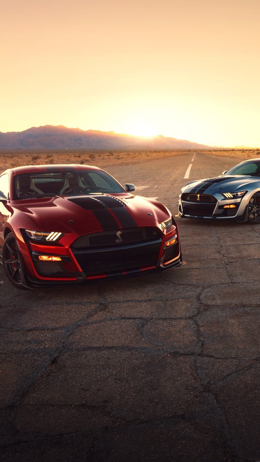 Red and silver Shelby GT500 Mustangs parked on a cracked desert road under a warm sunset sky and mountains.
