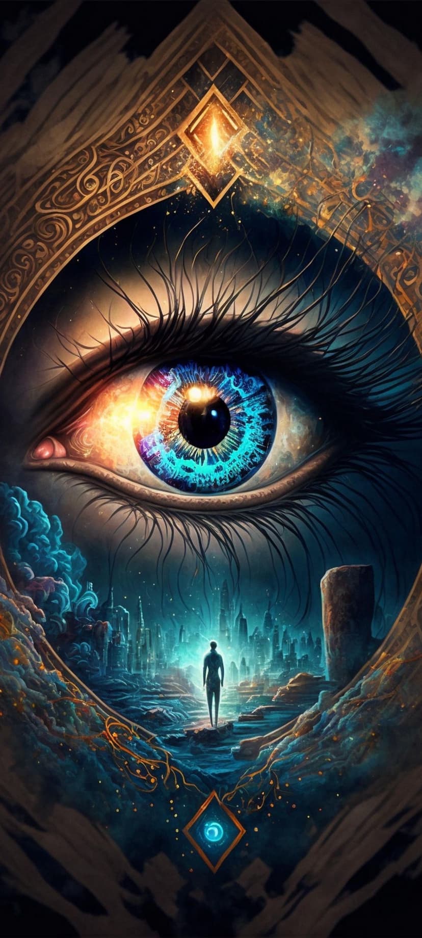 Giant blue eye with a cosmic iris reflecting a distant neon city framed by a detailed golden celestial archway.