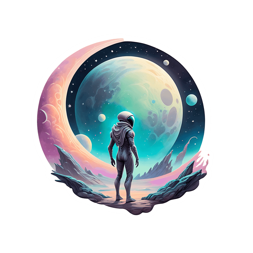 Astronaut sticker with neon green visor stands before a giant lavender planet and purple crystalline rocks.