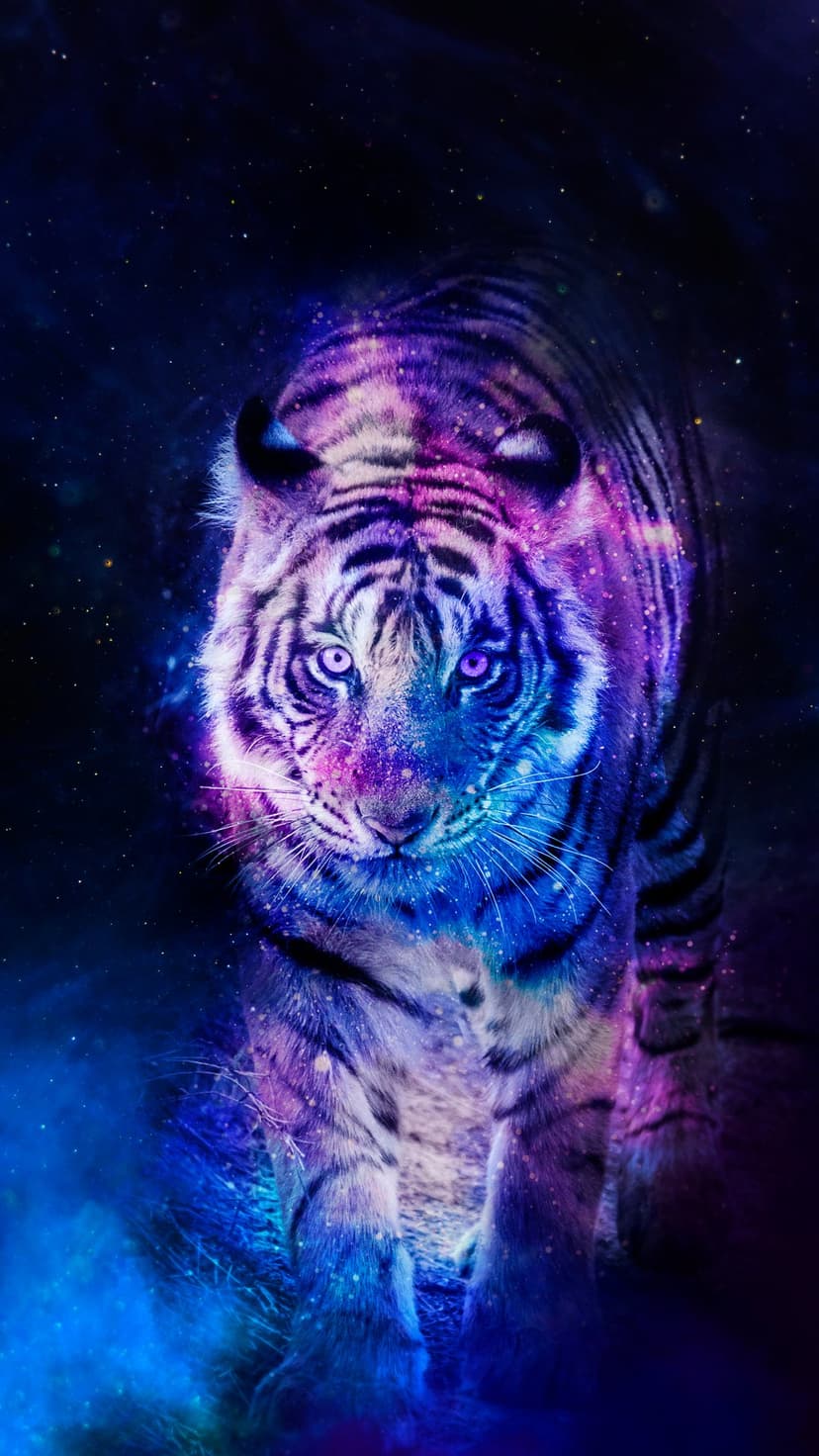 Tiger face with cosmic nebula patterns, glowing stars, and purple space dust textures in a close-up portrait.