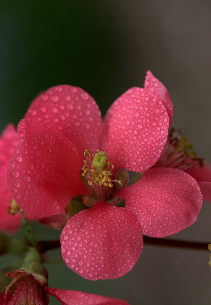Fuchsia Japanese Quince flower petals covered in tiny crystalline water droplets against a dark blurred background.