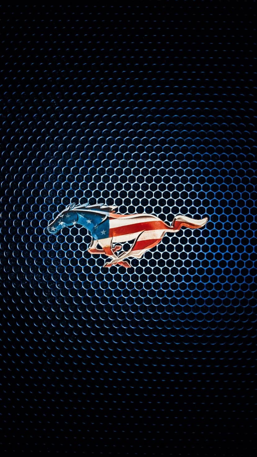Ford Mustang horse logo with American flag stars and stripes on a dark blue hexagonal textured background.