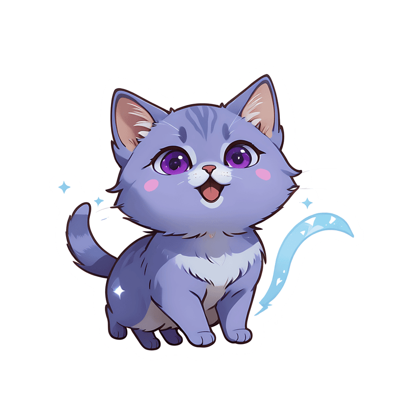 Lavender kitten sticker illustration features a purple cat with large eyes, white outline, and blue trails.