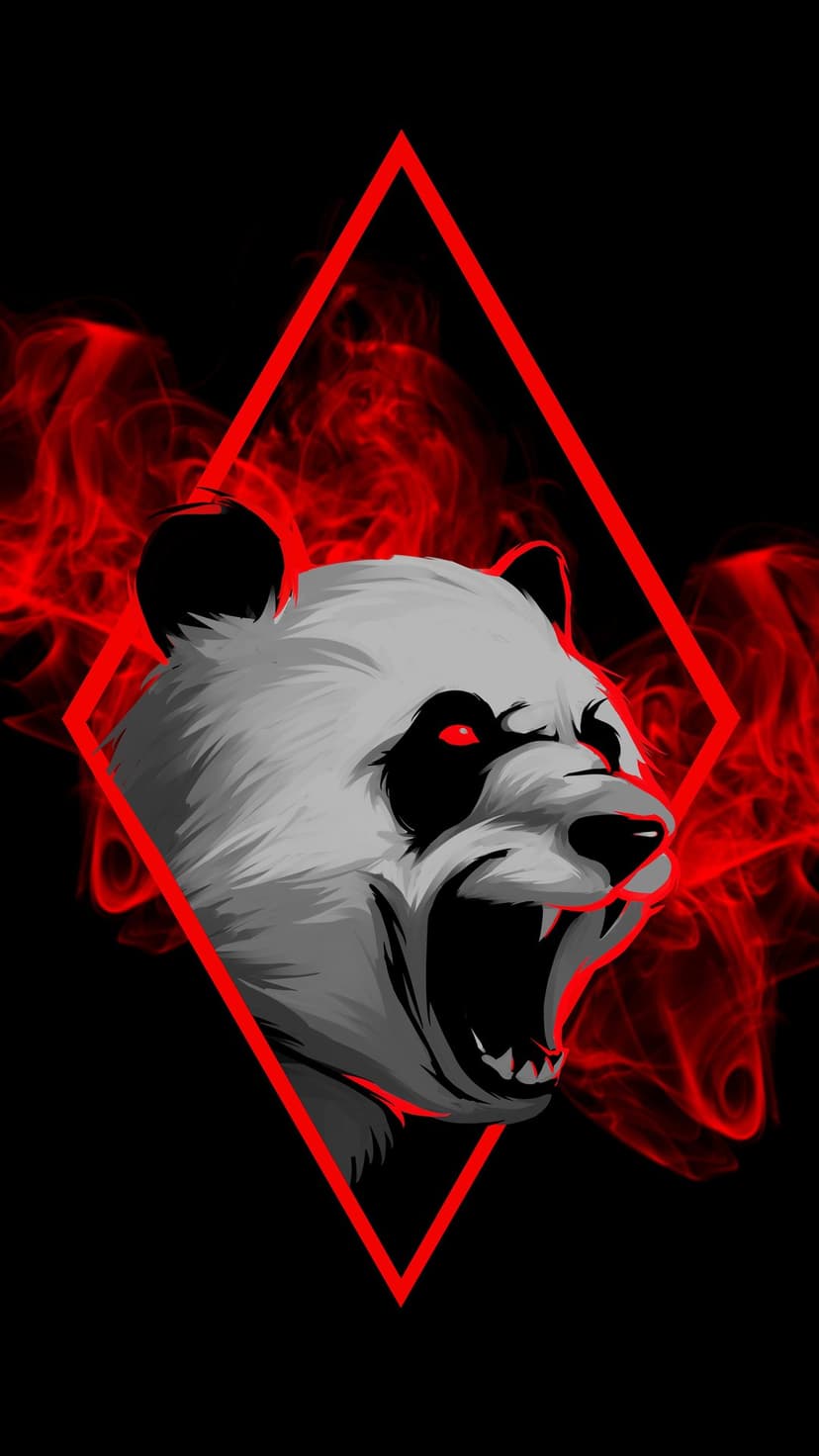 Panda with glowing red eyes surrounded by crimson smoke inside a diamond shape against a black background.