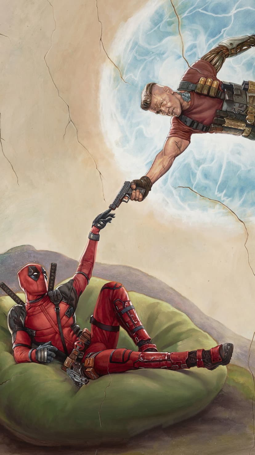 Deadpool reclines on a green beanbag reaching toward Cable who emerges from a blue portal with a silver handgun.