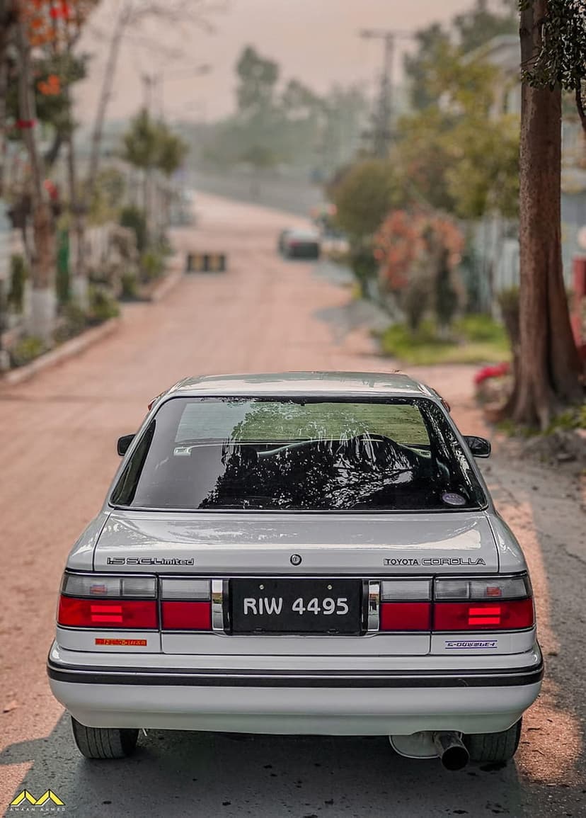 White Toyota Corolla rear view featuring red taillights and chrome trim parked on a dusty tree-lined road.