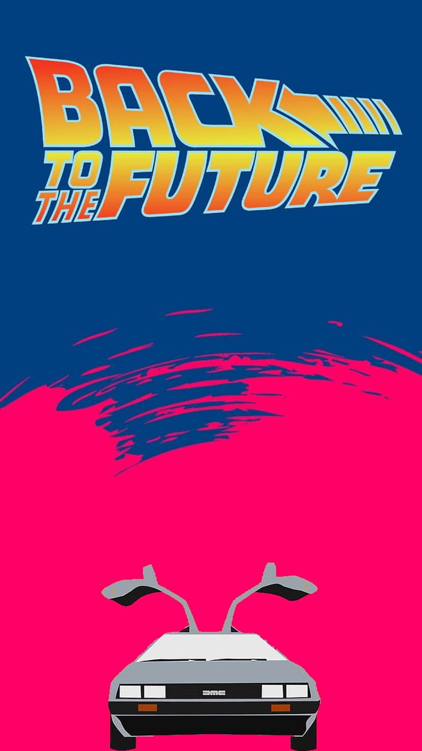 DeLorean time machine with open gull-wing doors sits on a pink background below a yellow and orange movie logo.
