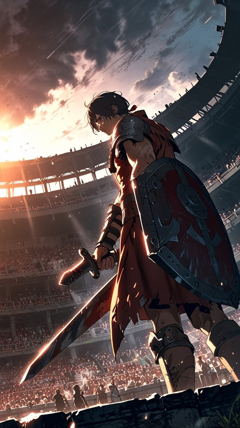 Gladiator in red armor holding a sword and shield enters a crowded stone arena during a vibrant golden sunset.
