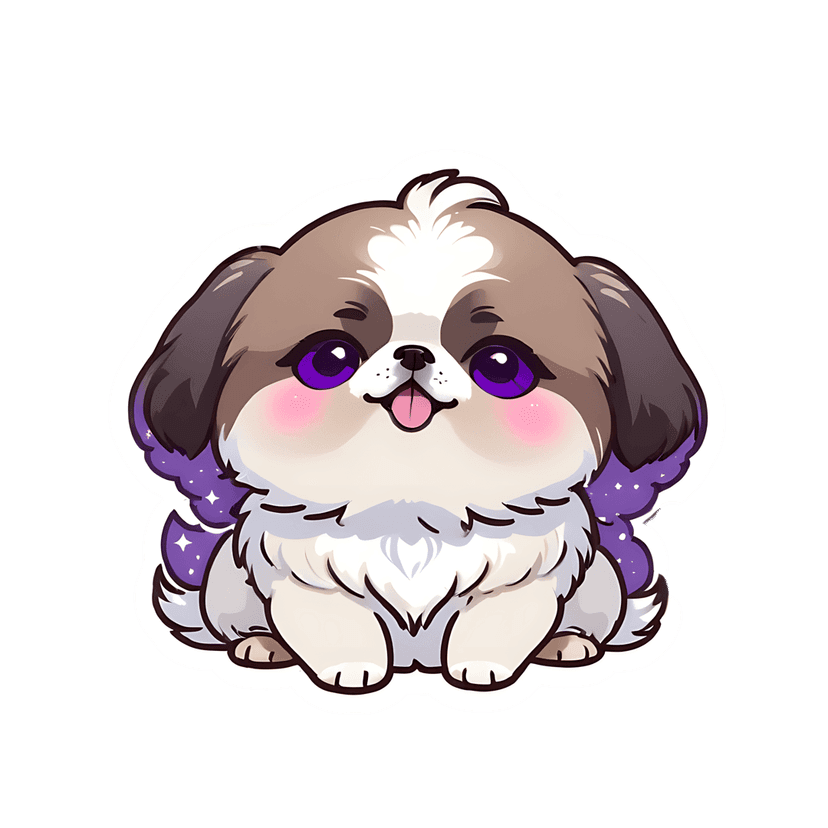 Shih Tzu puppy sticker illustration showing fluffy brown fur, glossy purple eyes, and sparkling cosmic wings.