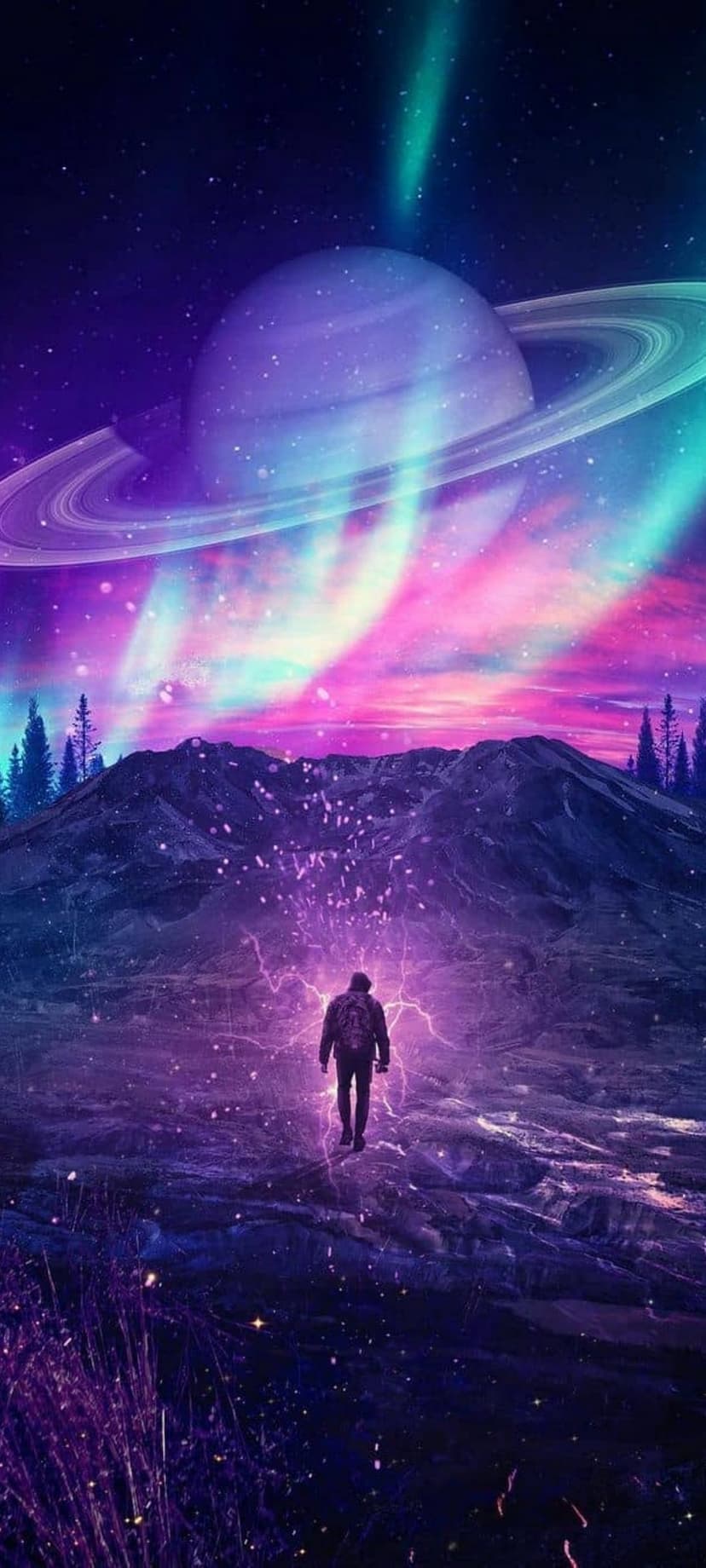 Astronaut walking on a rocky alien moon under a purple aurora and a large ringed planet in the starry sky.