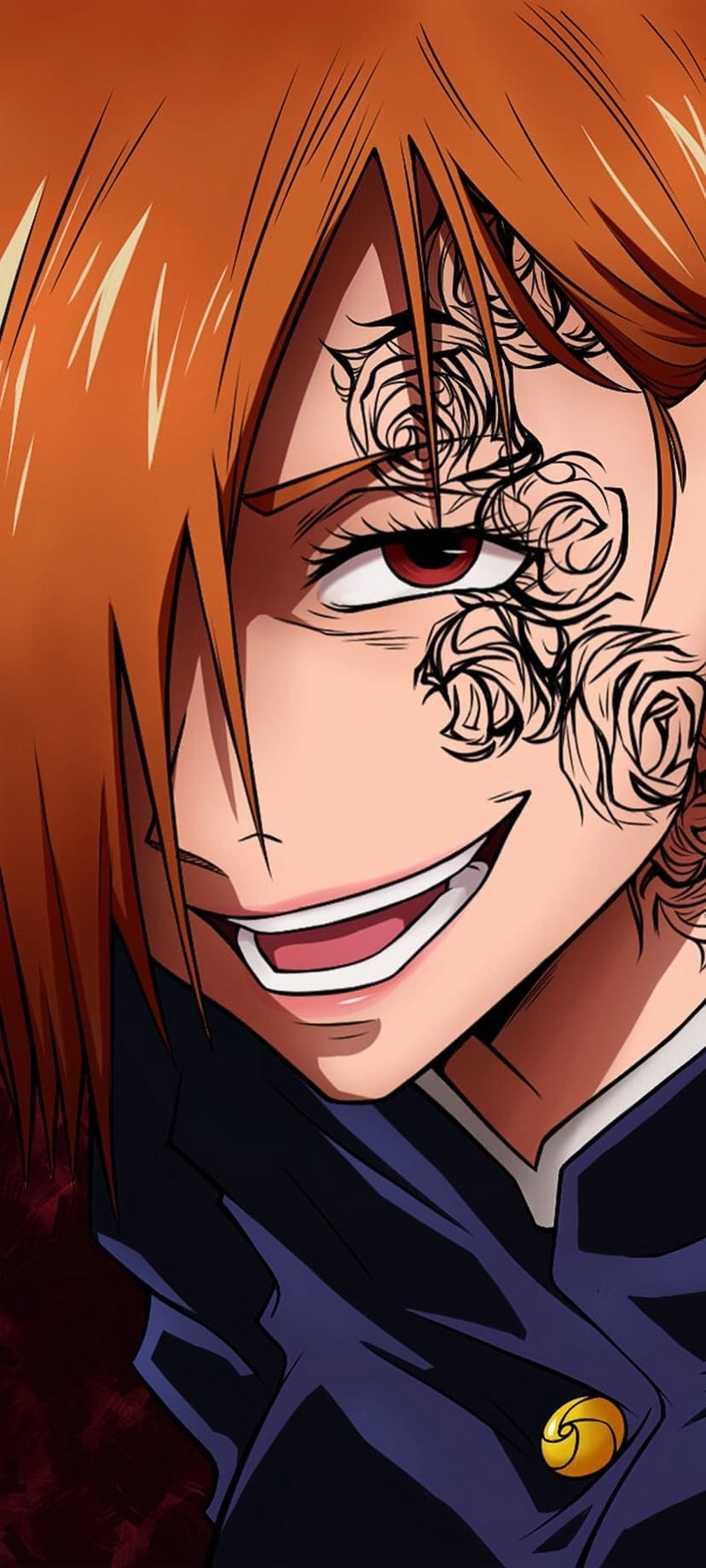 Orange-haired anime character with rose face tattoos, a red eye, and sharp teeth smiling in a dark uniform.