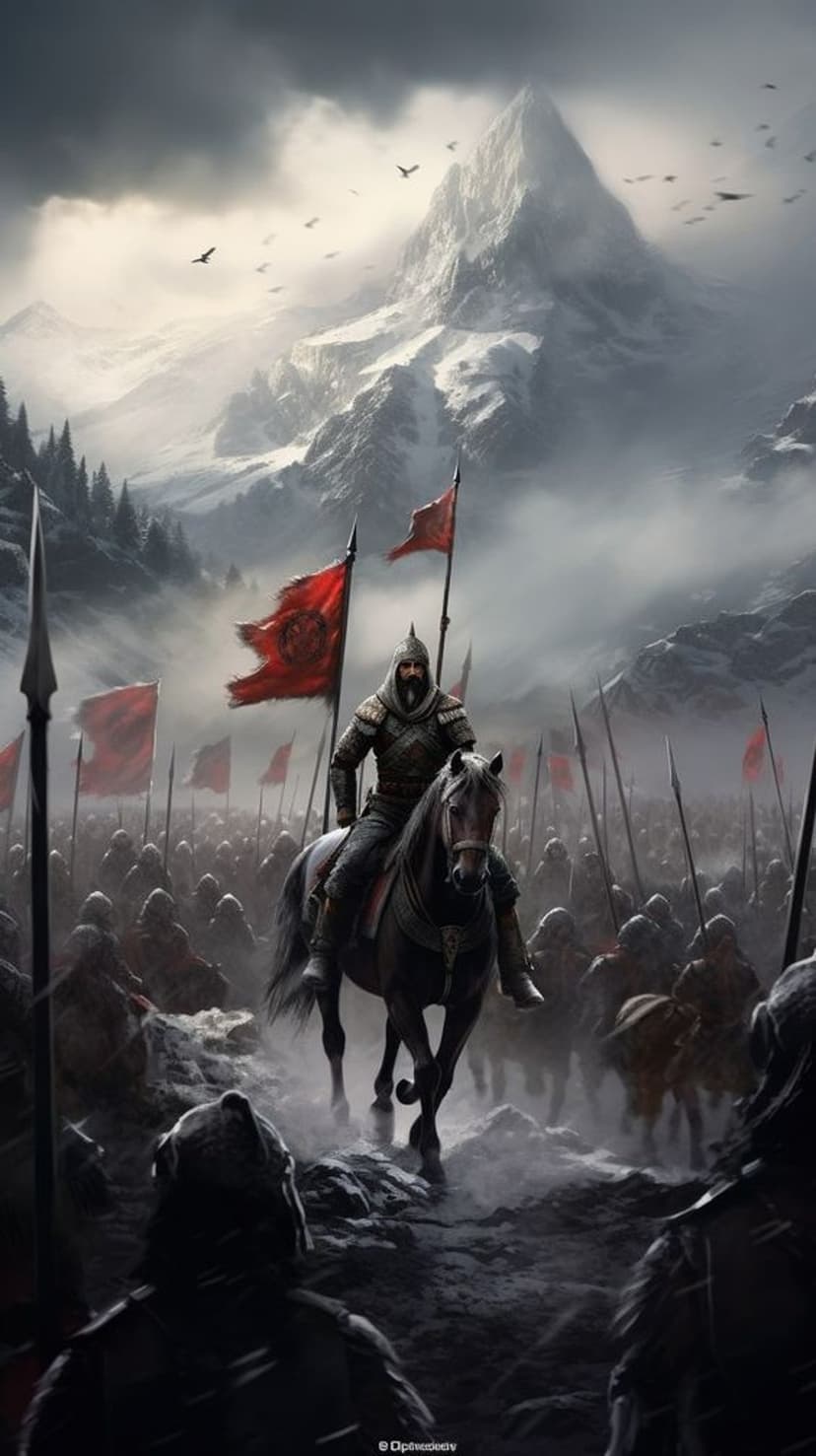 Cavalry leader on a horse guiding a massive army through frozen peaks with crimson banners visible in the mist.